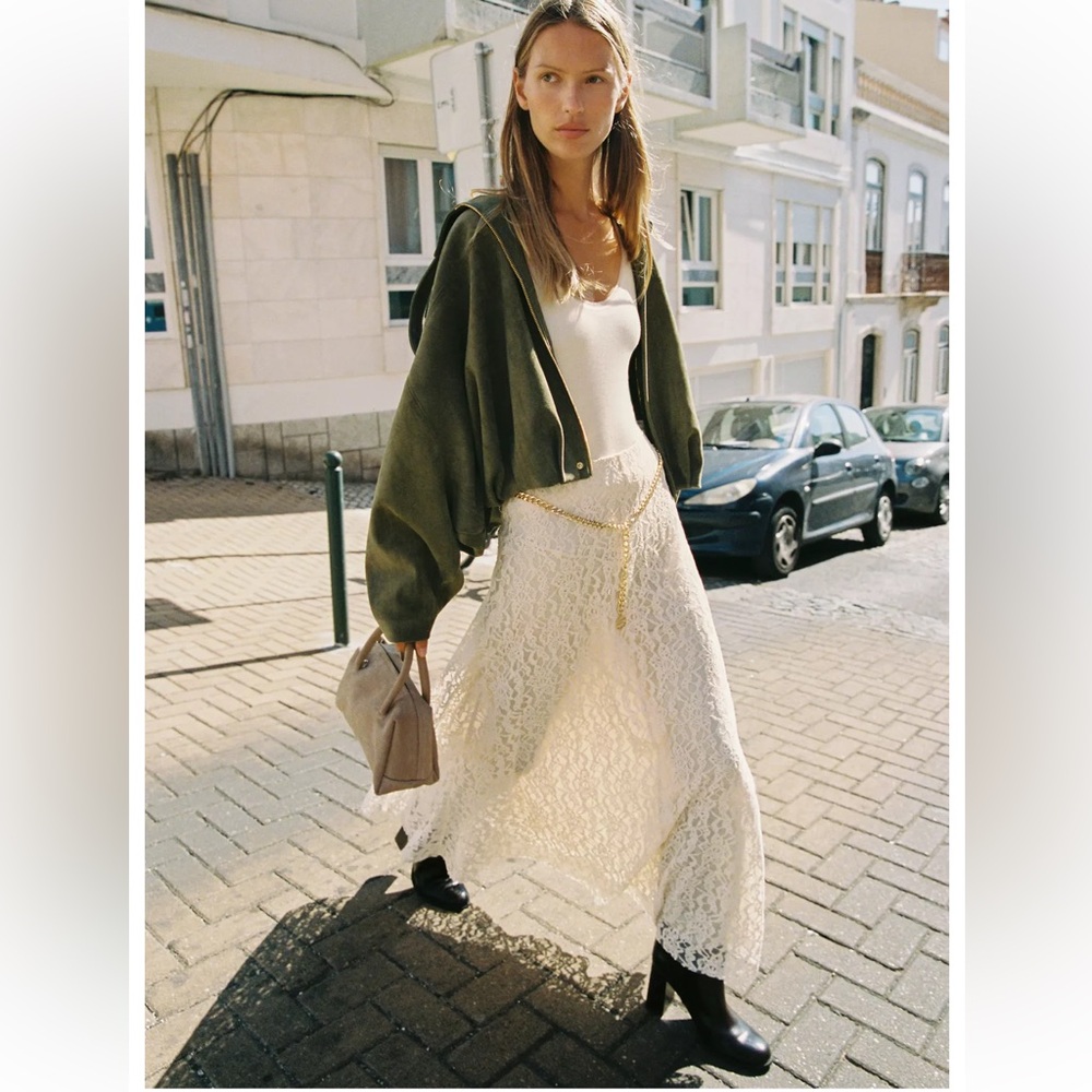 Zara Cream Lace Maxi Skirt with Chain Detail
